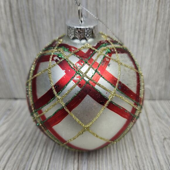 Vintage Glass Christmas Ornament Red Gold Plaid Glitter Holiday Ball 4" Decor - Picture 4 of 6